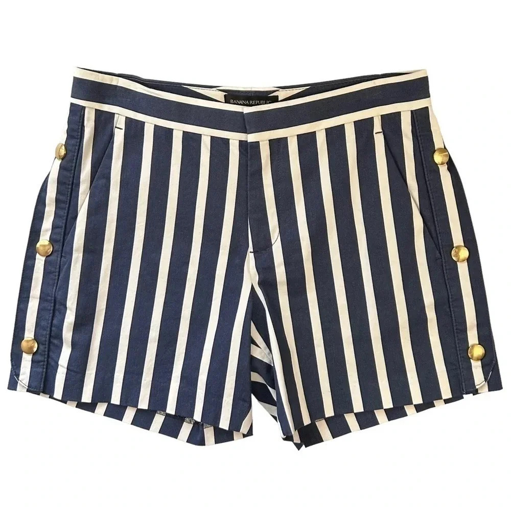 Banana Republic Ryan Shorts Blue White Stripes Gold Buttons Size 0 - Picture 14 of 14